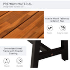 Acacia wood tabletop and bench top detail with slatted surface and black powder-coated frame