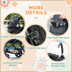 Black stroller with sun canopy, top mesh window, 5-point harness, and storage basket