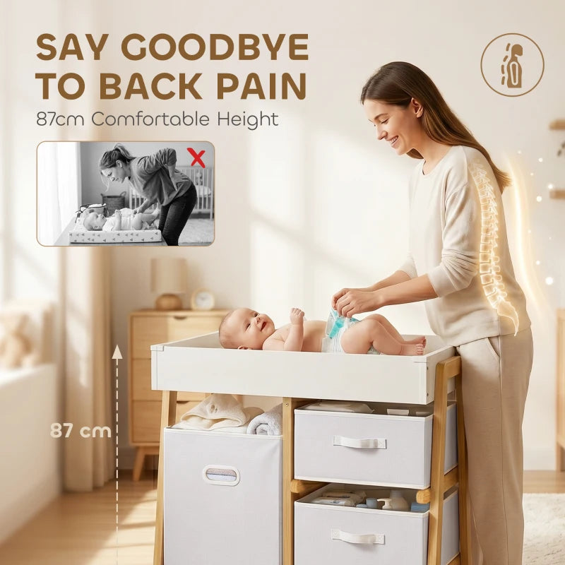 White baby changing table with waterproof changing pad; wooden frame with storage drawers.