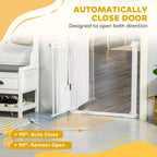 White pet safety gate with door panel open and auto-close function angle indicator