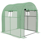 Green walk-in polytunnel greenhouse with zip-up front panels and black metal frame