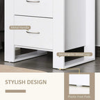 White nightstand with metal drawer handles and rectangular legs with foot pads