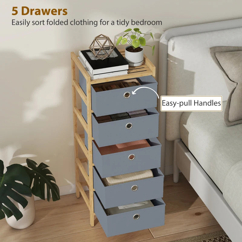 Narrow bamboo-frame chest of drawers with five light grey fabric drawers