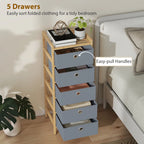Narrow bamboo-frame chest of drawers with five light grey fabric drawers