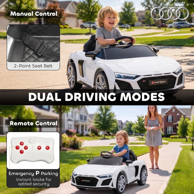 White kids electric car with open-top seat and front grille, child driving outdoors