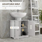 White vanity base cabinet with adjustable inner shelf and two doors for under-sink storage