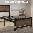 Single metal bed frame with headboard, heavy-duty steel slats and drawer-style storage panel