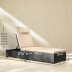 Black woven sun lounger with beige cushion, side tray, and reclined back angle