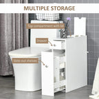 White slim bathroom floor cabinet with slide-out shelves, drawers, and top compartment