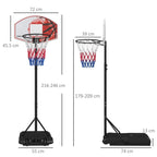 Adjustable basketball hoop stand with backboard and net, shown with height dimensions