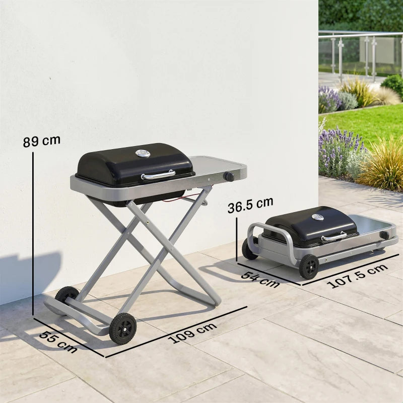 Portable foldable gas grill with wheels and side table, black compact design