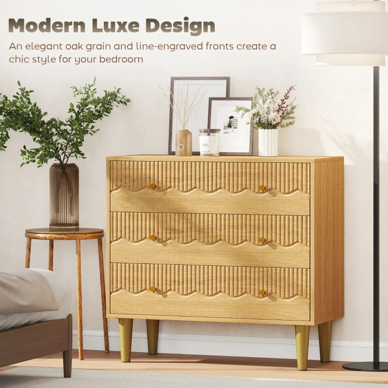 Oak 3-drawer dresser chest with scalloped ribbed drawer fronts and round knobs