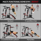 Multi gym home workout station with dip stand, incline bench, and push-up bars setup