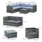 Grey rattan corner sofa set layout diagram with cushions and square coffee table