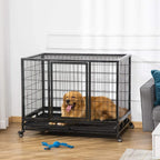 Wheeled black metal dog crate with front door and removable tray, dog inside