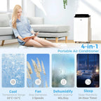 White portable air conditioner on the floor with black top vent and front grille