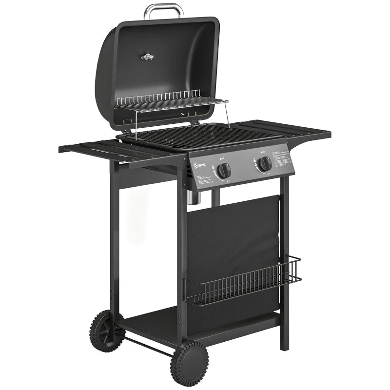 2-burner gas barbecue grill with warming rack and side shelf, black finish