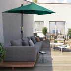 Dark green half market umbrella open above patio seating, central support pole