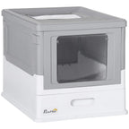 Grey hooded cat litter box with front entry window and open top