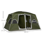 Olive-green 2-room camping tent with mesh doors and visible size measurements.