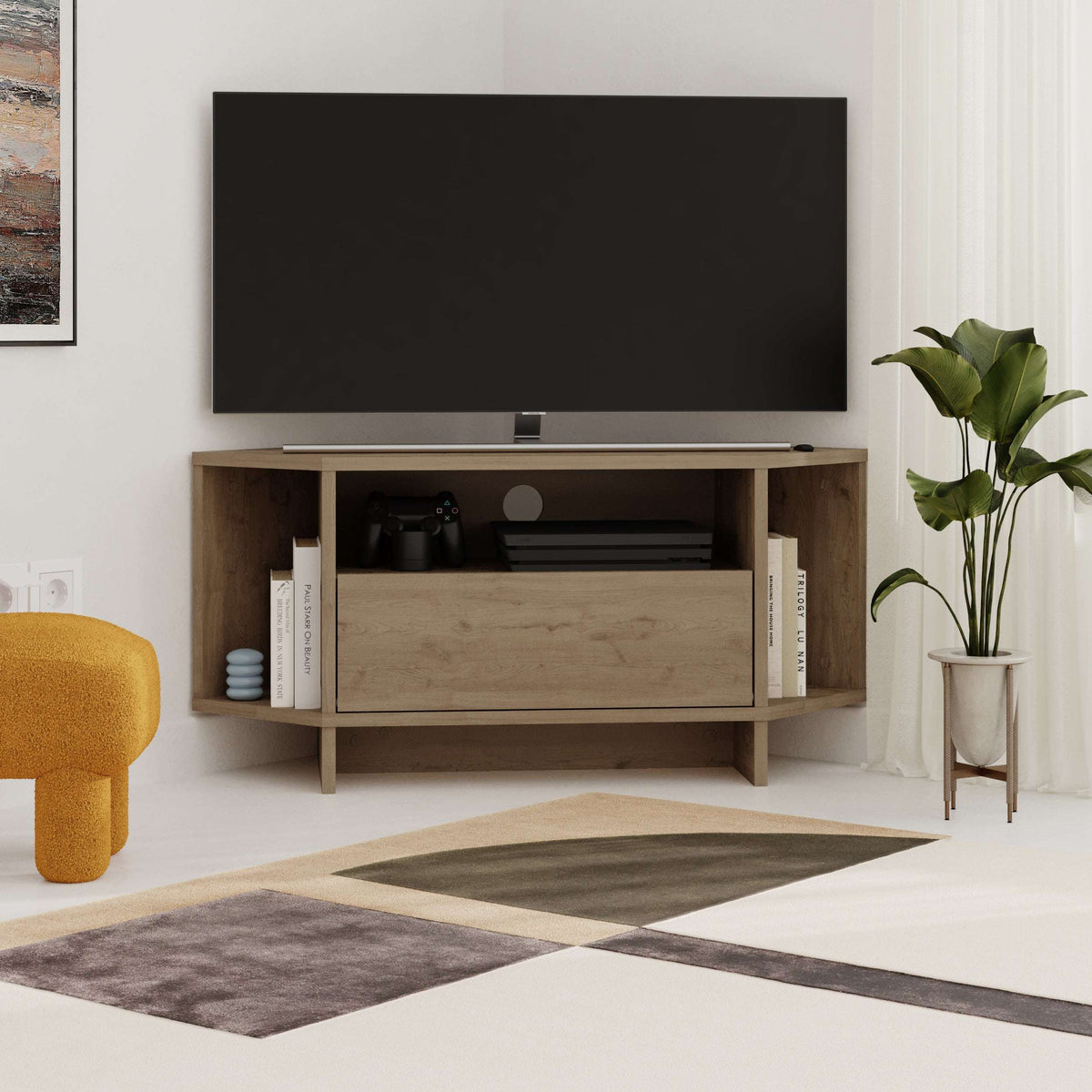 Corner TV unit with open media shelf and drawer, rustic wood tone, for a flat TV.