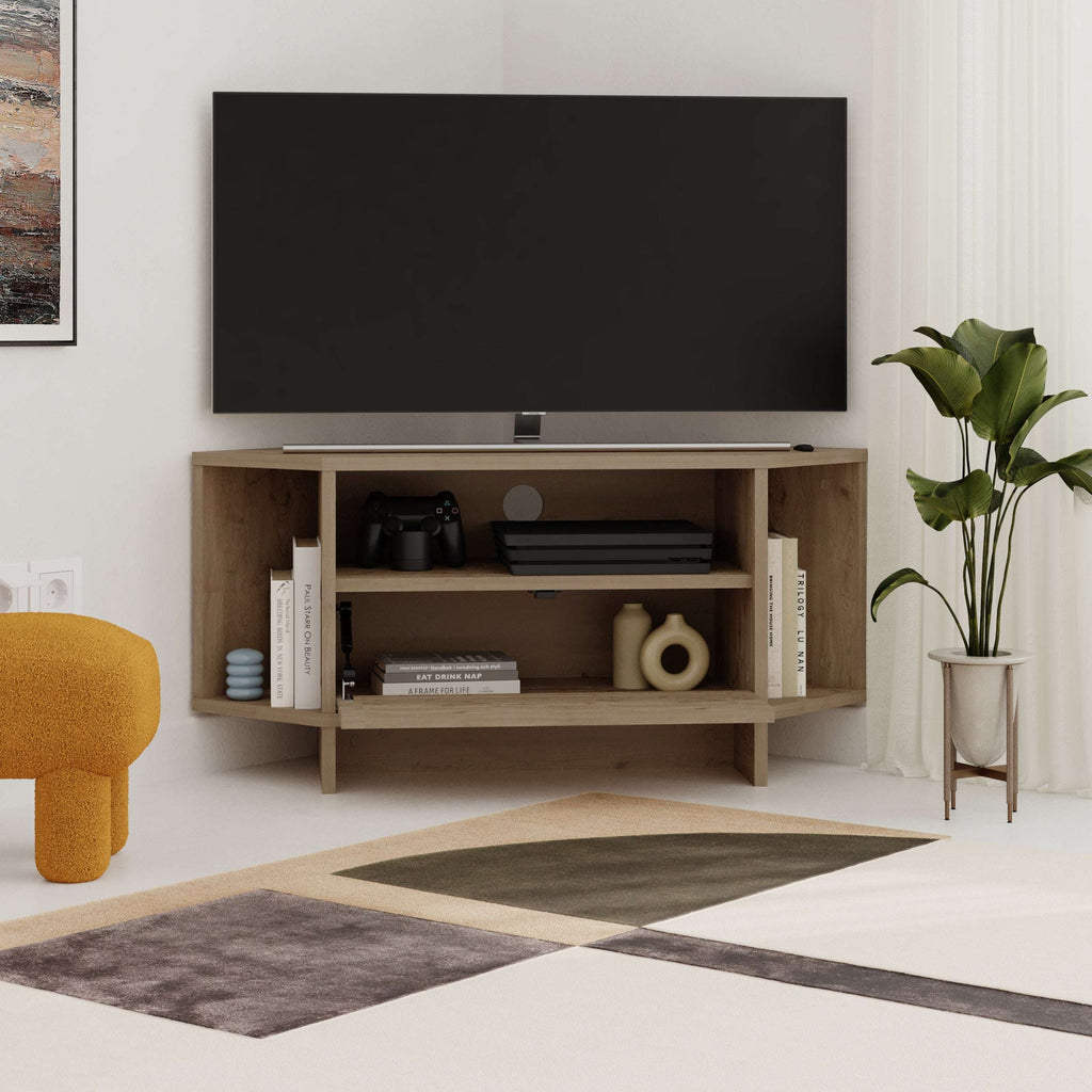 Corner TV unit with open shelves and drawer, rustic wood tone, with media accessories.