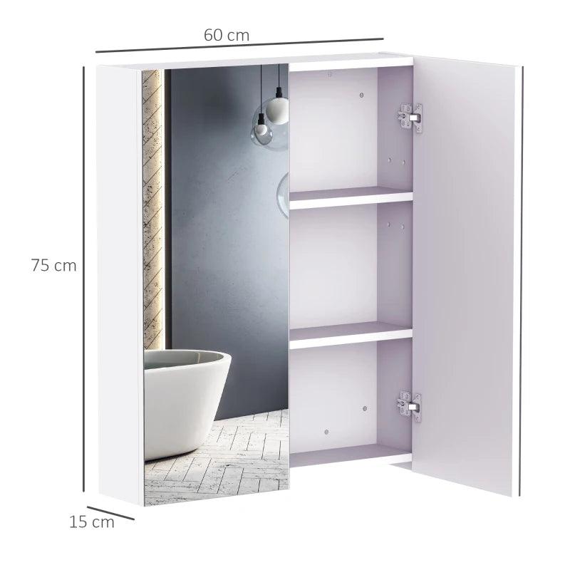 Bathroom Mirror Cabinet, 3-Tier Wall Mount Bathroom Storage Cabinet with Soft-Close Hinges and Adjustable Shelf, Double Door Cupboard, 60 x 15 x 75 cm, White