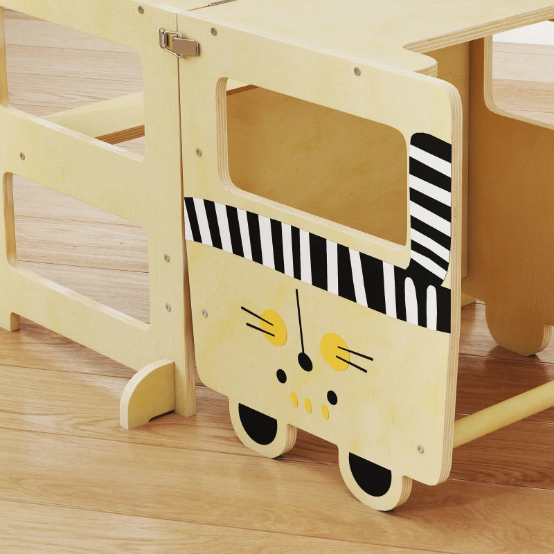 Natural wood cat-shaped step stool tower with chalkboard frame and striped lower panel
