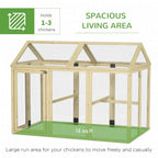 Large wooden chicken run with wire mesh walls and raised floor frame, natural wood finish