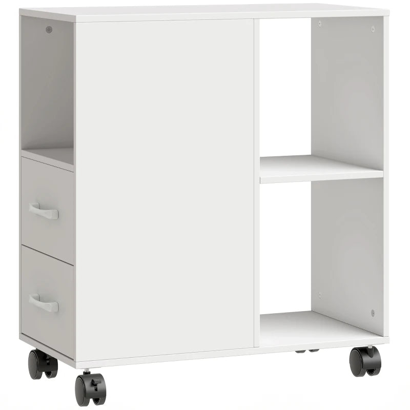 White narrow mobile printer table with drawers and open storage cubbies on wheels