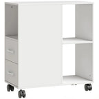 White narrow mobile printer table with drawers and open storage cubbies on wheels