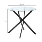 Round clear tempered glass table with black crossed metal legs, shown with dimensions