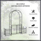 Black metal garden arbor arch with double doors, shown on an infographic with assembly icons