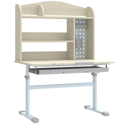 Kids adjustable height desk with tilt top and pegboard hutch, natural wood