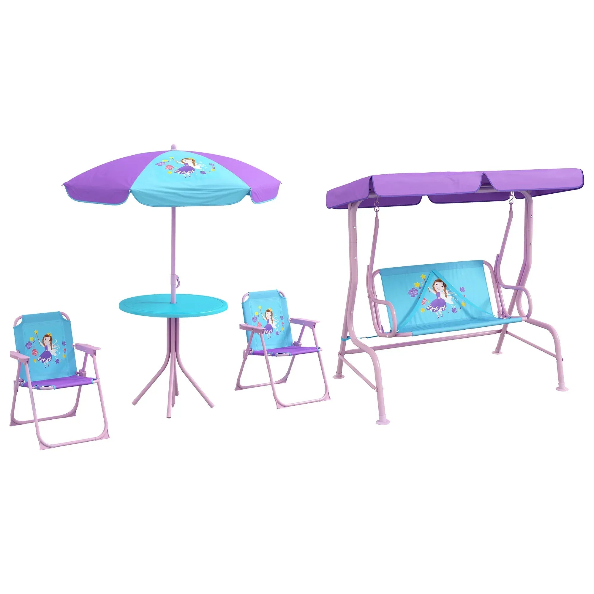 4PCs Kids Garden Furniture Set w/ 2 Seater Garden Swing Chair with Adjustable Canopy, Childrens Table and Chair Set with Parasol, for Toddler Girls 3-6 Years Old - Bobobiy