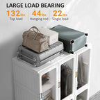 White clothes wardrobe with cabinet door, open cube storage, and hanging rod setup.