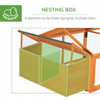 Partitioned nesting box inside orange wooden chicken coop with wire-mesh divider.