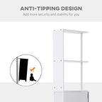 White tall bathroom cabinet with anti-tipping hardware and open upper shelves