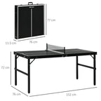 Black mini ping pong table with net, size diagram, and carry case