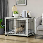 Indoor dog crate furniture end table with lockable doors and grey cushion, dog inside