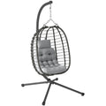Rattan Hanging Egg Chair, Foldable Wicker Hammock Swing Chair with Cushion, Stand, Adjustable Height, Head Pillow, Steel Frame for Garden Patio Indoor Outdoor, Light Grey - Bobobiy