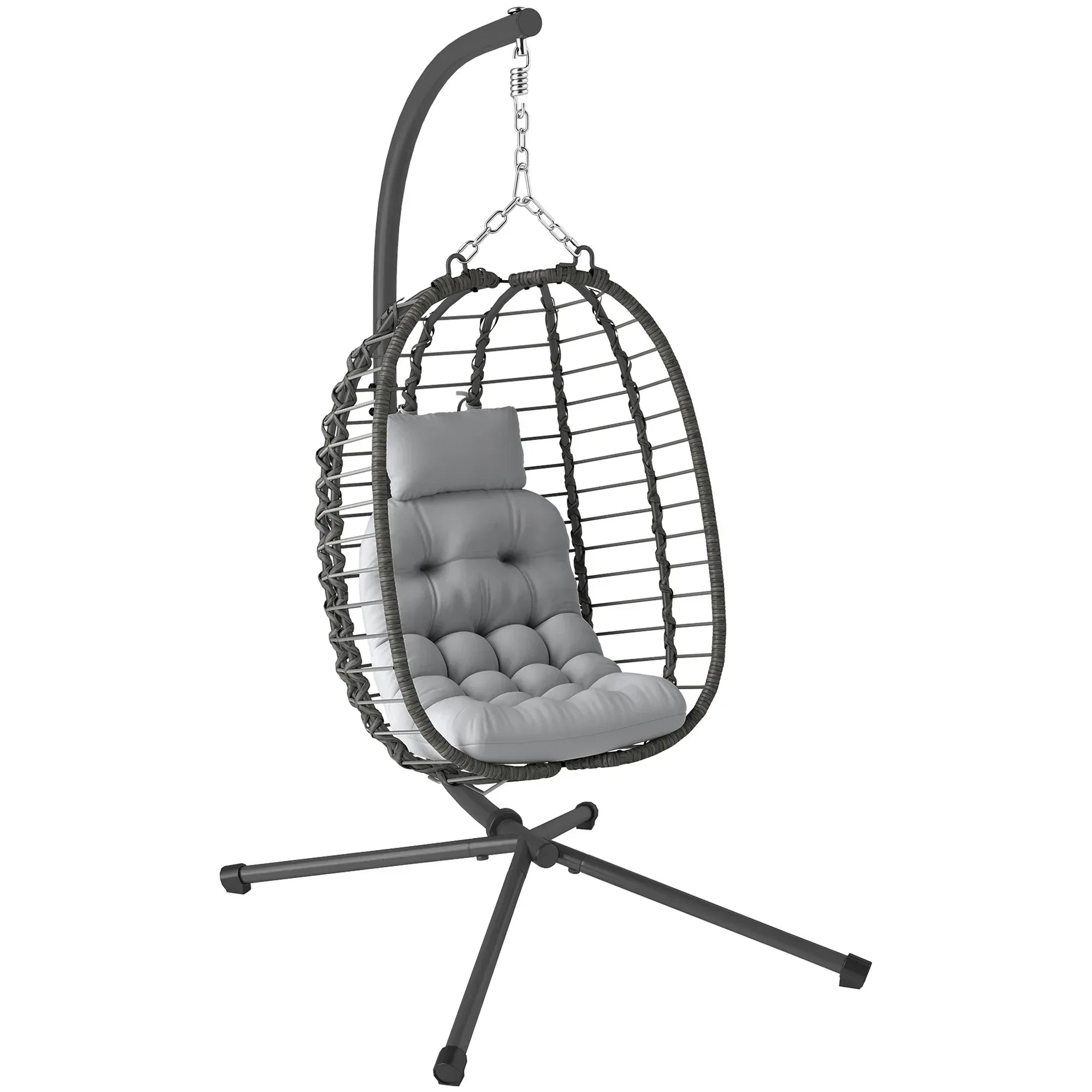 Rattan Hanging Egg Chair, Foldable Wicker Hammock Swing Chair with Cushion, Stand, Adjustable Height, Head Pillow, Steel Frame for Garden Patio Indoor Outdoor, Light Grey - Bobobiy