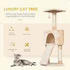 Beige cat tree with arched house, top perch, sisal posts, and hanging ball