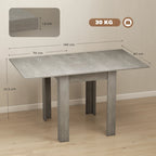 Grey extendable dining table with rectangular tabletop and four vertical support legs.