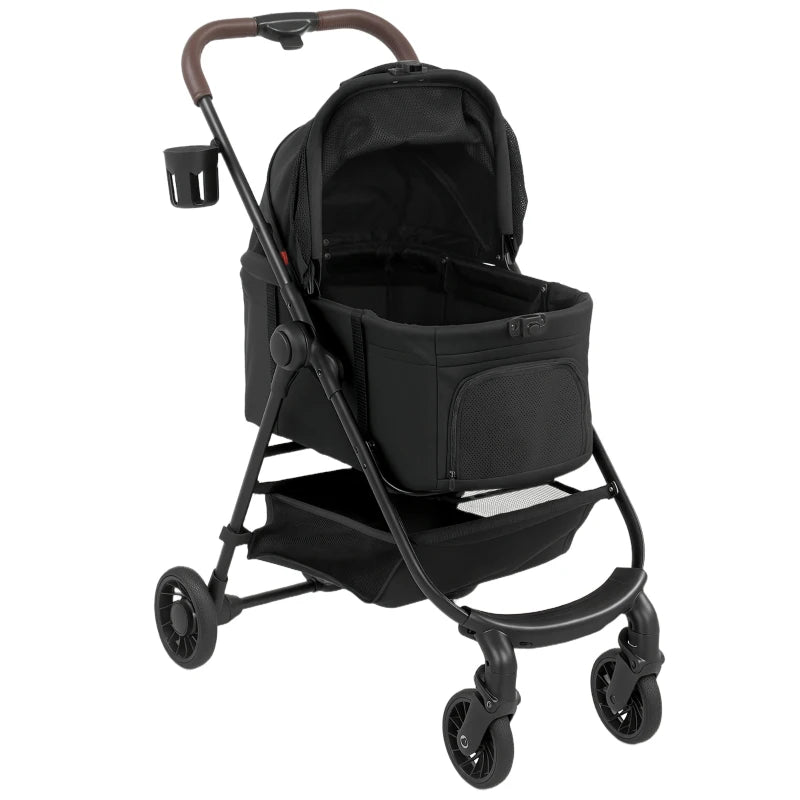 Black pet stroller with canopy, front swivel wheels, and storage basket