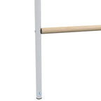 Chicken roosting bar ladder post with natural wood perch rail, light gray metal frame.