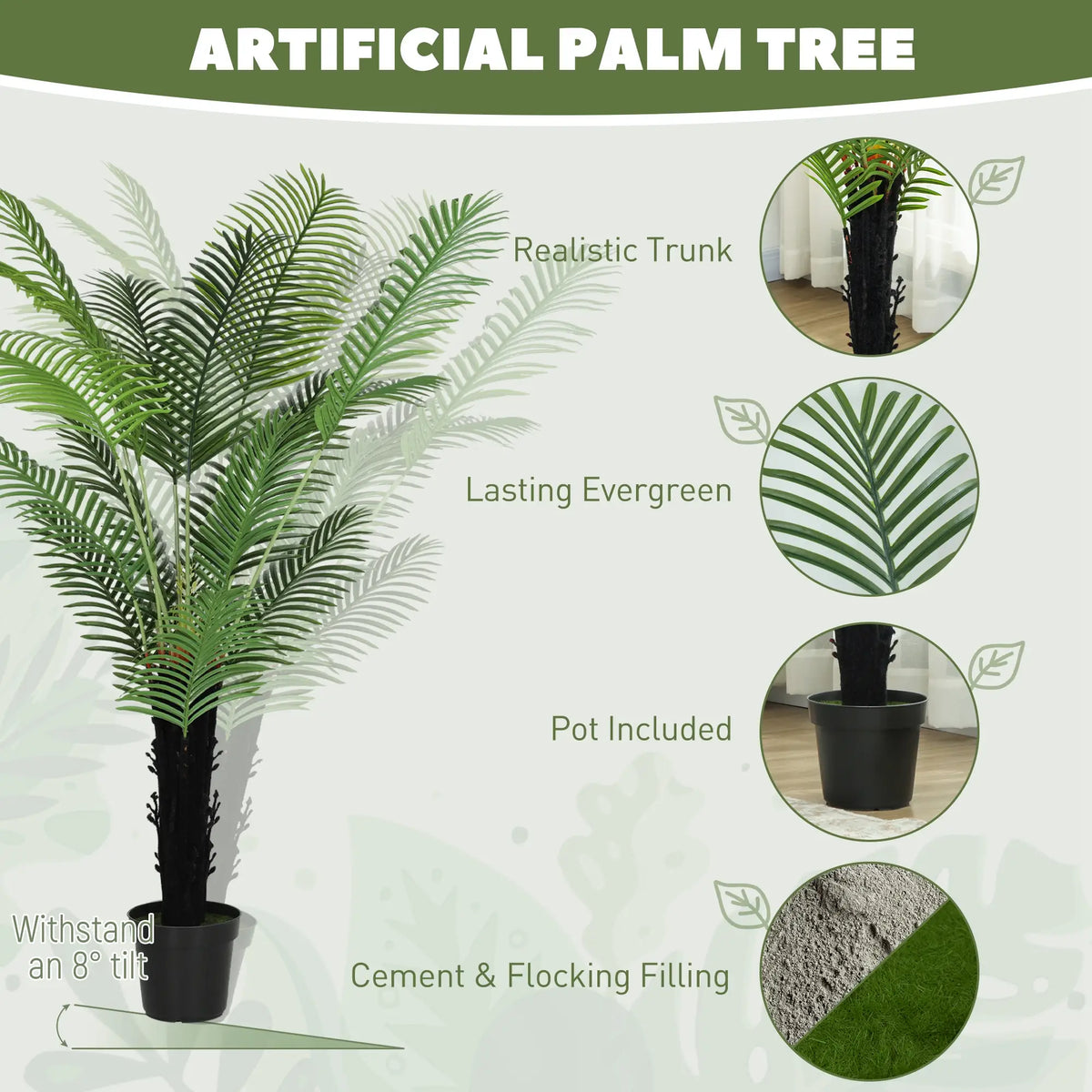 Homcom 175cm Artificial Areca Palm Tree with 16 PE Leaves, Decorative Artificial Plant with Plastic Pot and Flocked Soil
