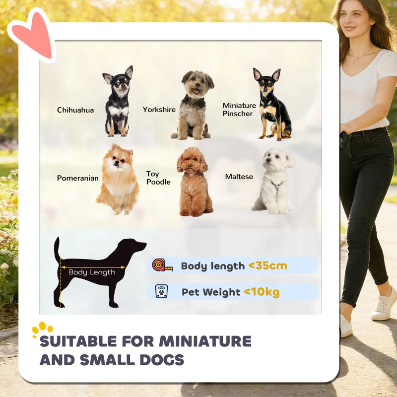 Dog stroller size guide for miniature and small dogs, with pet size icons