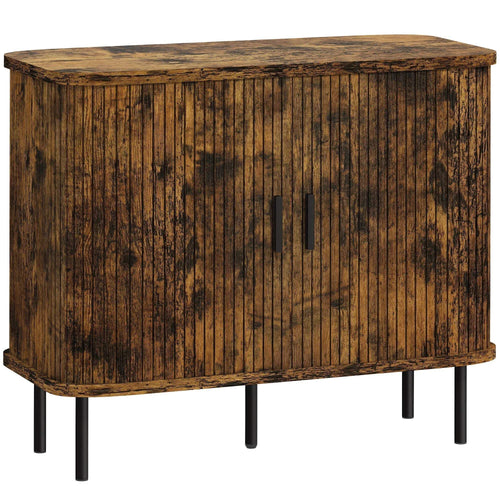 Rustic brown mid-century sideboard cabinet with slatted tambour doors and steel legs