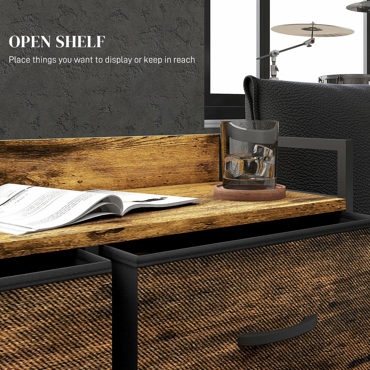 Chest detail showing the rustic wood-look top shelf and fabric drawer with black handle